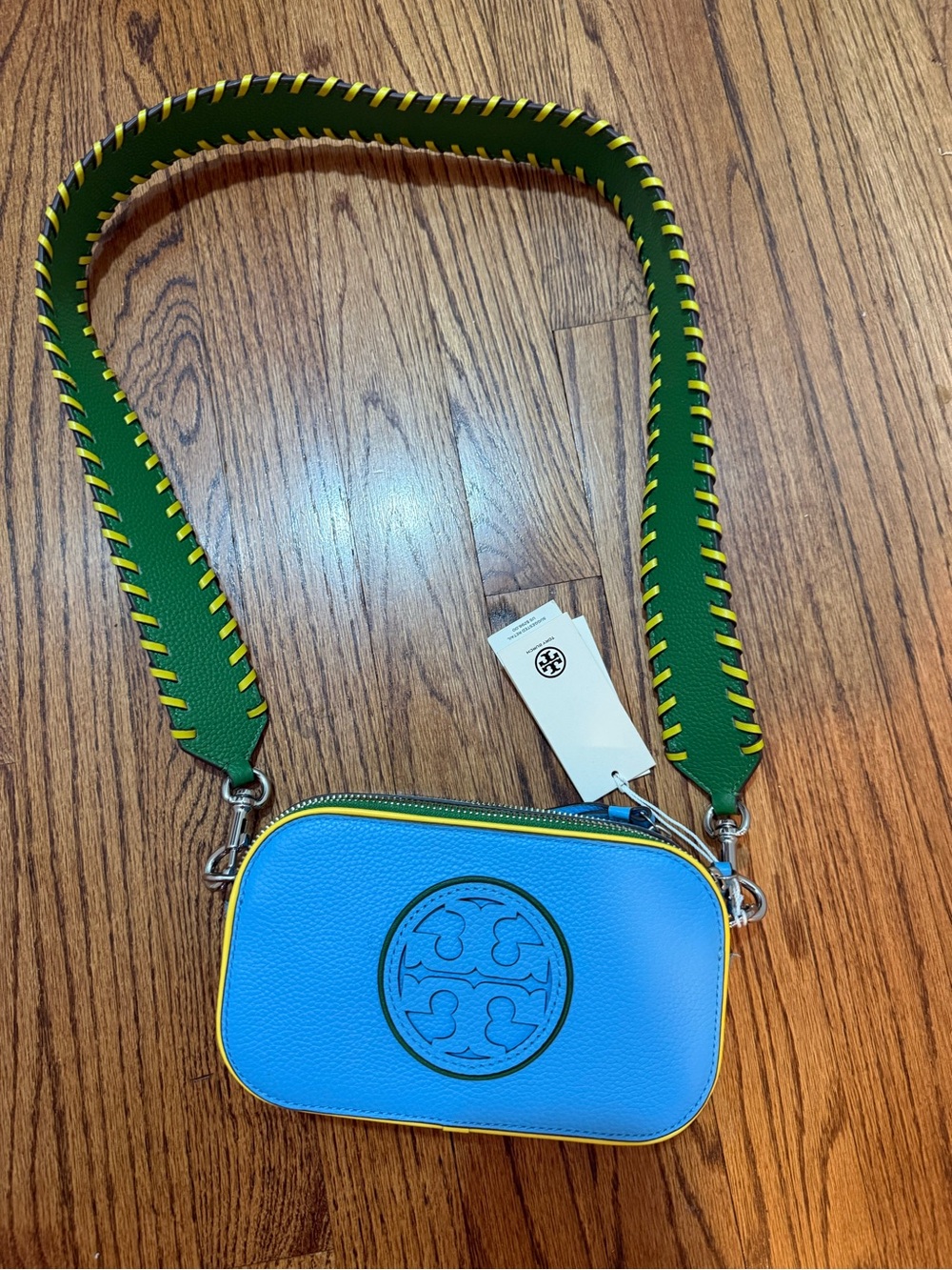 Tory Burch Blue Leather Camera Bag with Green and Yellow Strap